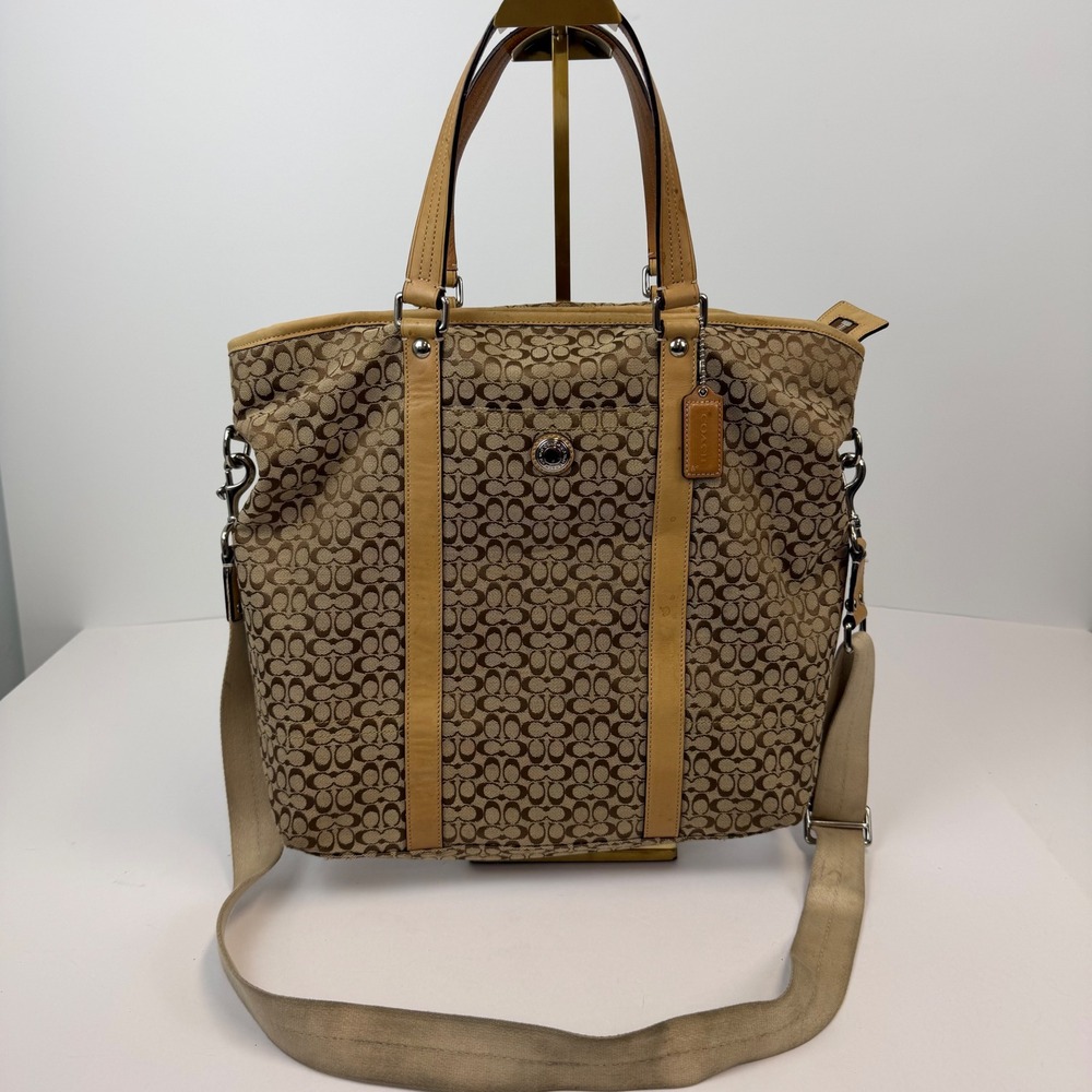 Coach Signature Monogram Tote Crossbody Bag Brown Tan Leather F77116